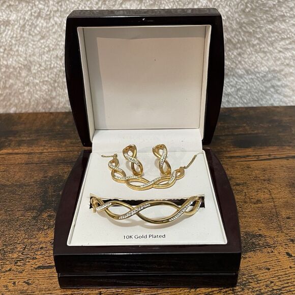 Black Hills Gold Jewelry - 10K GP Gold Plated Jewelery Set Necklace Earrings Bangle Crystal Set Box Y2K NEW